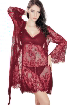 Halate - Set lenjerie sexy transparenta cu dantela, halat, rochita si chiloti tanga TY-321visiniu