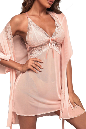 Halate - Set lenjerie sexy cu dantela, halat, camasa de noapte si chiloti tanga TY-664roz