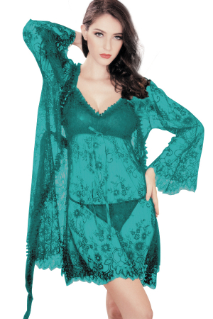 Halate - Set lenjerie sexy transparenta cu dantela, halat, rochita si chiloti tanga TY-321verde
