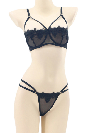 Lenjerie erotică - Set lenjerie sexy transparenta, cu dantela, sutien si chiloti tanga TY-LX2negru