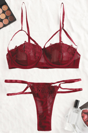 Lenjerie erotică - Set lenjerie sexy transparenta, cu dantela, sutien si chiloti tanga TY-LX2visiniu