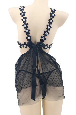 Lenjerie erotică - Set sexy, rochita transparenta cu motiv floral si strasuri + chiloti tanga TY-J93negru