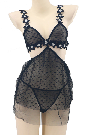 Lenjerie erotică - Set sexy, rochita transparenta cu motiv floral si strasuri + chiloti tanga TY-J93negru
