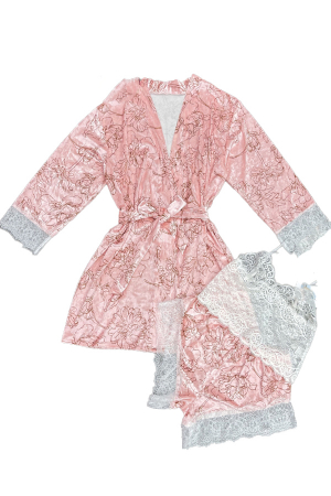 Pijamale - Set pijama 3 piese cu aspect catifelat si insertii dantela, halat, top si pantaloni scurti TY-SR021roz