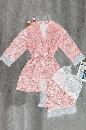 Pijamale - Set pijama 3 piese cu aspect catifelat si insertii dantela, halat, top si pantaloni scurti TY-SR021roz