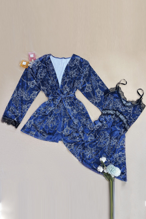 Pijamale - Set pijama 2 piese cu aspect catifelat si insertii dantela, halat si camasa de noapte TY-SR017bleumarin