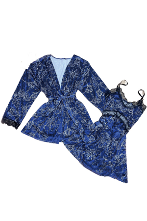 Pijamale - Set pijama 2 piese cu aspect catifelat si insertii dantela, halat si camasa de noapte TY-SR017bleumarin