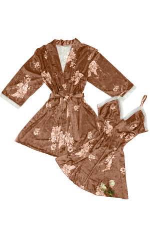 Pijamale - Set pijama 2 piese cu aspect catifelat si insertii dantela, halat si camasa de noapte TY-SR018roz