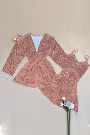 Pijamale - Set pijama 2 piese cu aspect catifelat si insertii dantela, halat si camasa de noapte TY-SR017roz