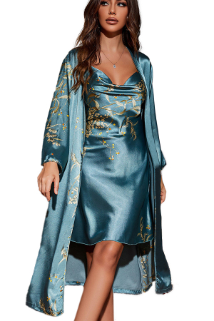 Halate - Set pijama din satin 2 piese, halat cu cordon si camasa de noapte SUSU-008albastru