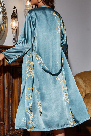 Halate - Set pijama din satin 2 piese, halat cu cordon si camasa de noapte SUSU-008albastru