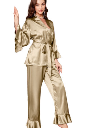 Pijamale - Set pijama din satin fin cu volane, halat scurt, cordon si pantaloni lungi TY-018bej