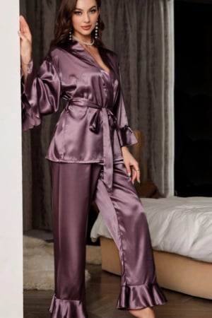 Pijamale - Set pijama din satin fin cu volane, halat scurt, cordon si pantaloni lungi TY-018mov