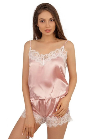 Set pijama doua piese cu insertii dantela, maiou si pantaloni scurti S-1roz deschis