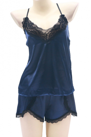Pijamale - Set pijama doua piese cu insertii dantela, maiou si pantaloni scurti S-372albastru inchis