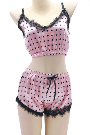 Pijamale - Set pijama doua piese cu insertii dantela, top si pantaloni scurti S-570roz deschis