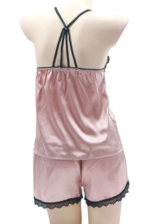 Set pijama doua piese cu insertii dantela, maiou si pantaloni scurti S-372roz deschis