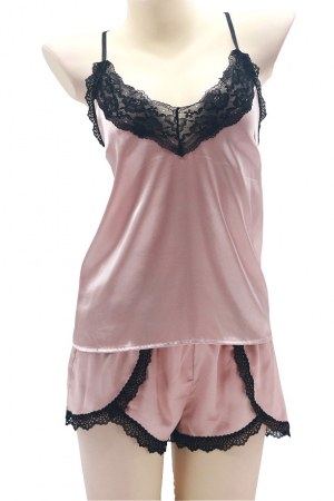 Set pijama doua piese cu insertii dantela, maiou si pantaloni scurti S-372roz deschis