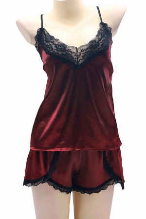 Pijamale - Set pijama doua piese cu insertii dantela, maiou si pantaloni scurti S-372visiniu