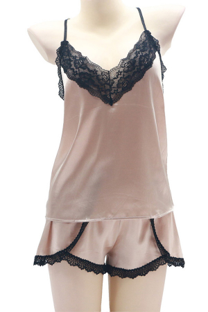 Pijamale - Set pijama doua piese cu insertii dantela, maiou si pantaloni scurti S-372bej