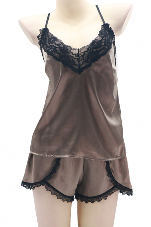 Pijamale - Set pijama doua piese cu insertii dantela, maiou si pantaloni scurti S-372maro