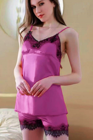 Pijamale - Set pijama doua piese cu insertii dantela, maiou si pantaloni scurti S-410fucsia