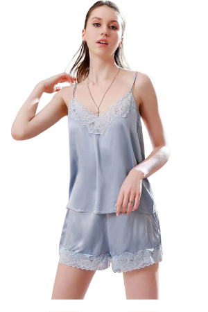 Pijamale - Set pijama doua piese cu insertii dantela, maiou si pantaloni scurti S-483albastru
