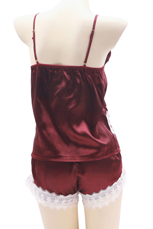 Pijamale - Set pijama doua piese cu insertii dantela, maiou si pantaloni scurti S-751visiniu