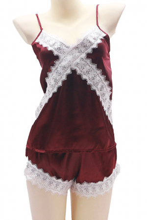 Pijamale - Set pijama doua piese cu insertii dantela, maiou si pantaloni scurti S-751visiniu