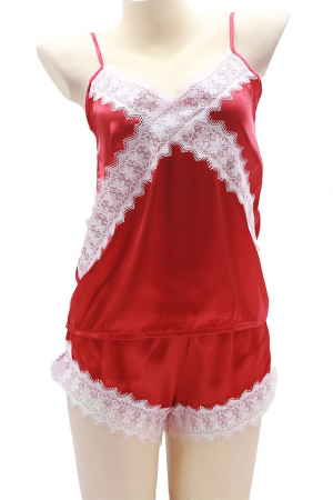 Pijamale - Set pijama doua piese cu insertii dantela, maiou si pantaloni scurti S-751rosu