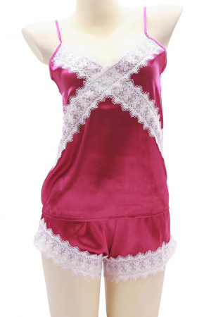 Pijamale - Set pijama doua piese cu insertii dantela, maiou si pantaloni scurti S-751roz inchis