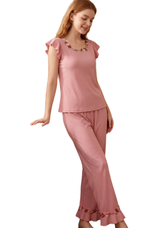 Damă - Set pijama doua piese cu volanase, top si pantaloni lungi SUSU-2609-2