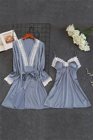 Halate - Set pijama doua piese, halat si camasa de noapte WSY-3015gri
