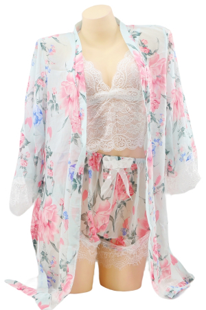 Halate - Set pijama sexy cu dantela si aspect satin, halat, top si pantaloni scurti TY-007albastru