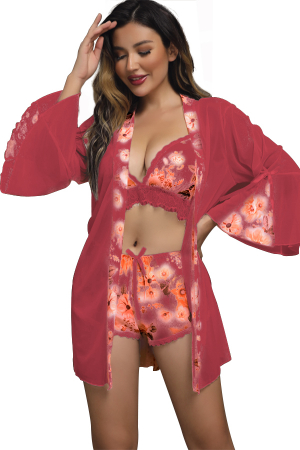 Halate - Set pijama sexy cu dantela si aspect satin, halat, top si pantaloni scurti TY-669visiniu