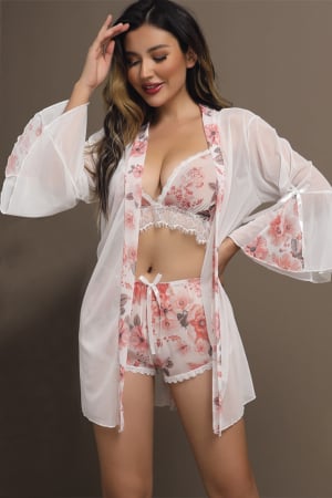 Halate - Set pijama sexy cu dantela si aspect satin, halat, top si pantaloni scurti TY-669alb