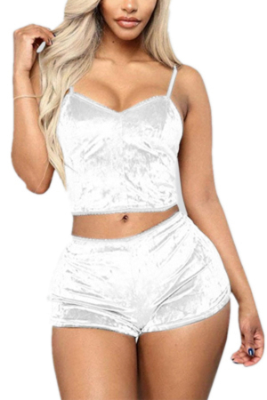 Pijamale - Set pijama sexy din catifea, maiou si pantaloni scurti susu-1797alb