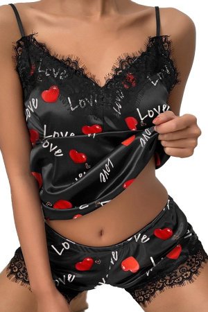 Pijamale - Set pijama sexy din satin si dantela 2 piese, maiou si pantaloni scurti SUSU-006