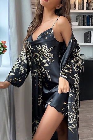 Pijamale - Set pijama din satin 2 piese, halat cu cordon si camasa de noapte SUSU-008negru