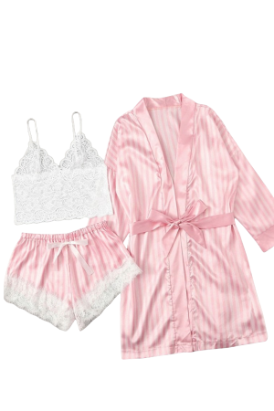 Pijamale - Set pijama sexy satin si dantela 3 piese, bustiera, halat si pantaloni scurti SUSU-013