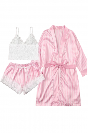 Set pijama sexy satin si dantela 3 piese, bustiera, halat si pantaloni scurti SUSU-013 [6]