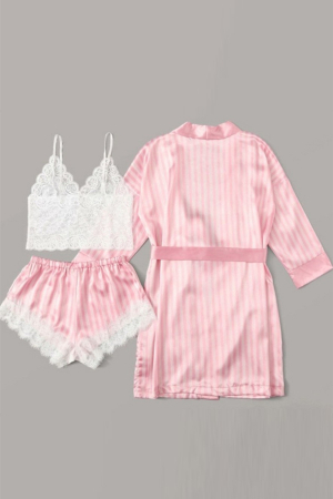 Pijamale - Set pijama sexy satin si dantela 3 piese, bustiera, halat si pantaloni scurti SUSU-013
