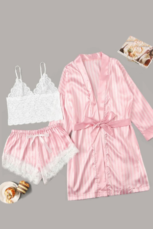 Set pijama sexy satin si dantela 3 piese, bustiera, halat si pantaloni scurti SUSU-013 [10]