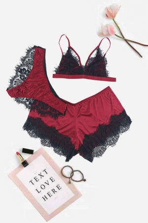 Pijamale - Set pijama sexy trei piese, sutien, pantaloni scurti si chiloti TY-SD01visiniu