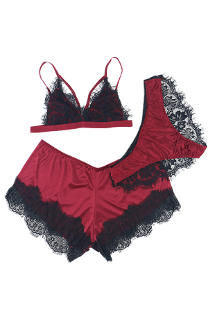 Pijamale - Set pijama sexy trei piese, sutien, pantaloni scurti si chiloti TY-SD01visiniu