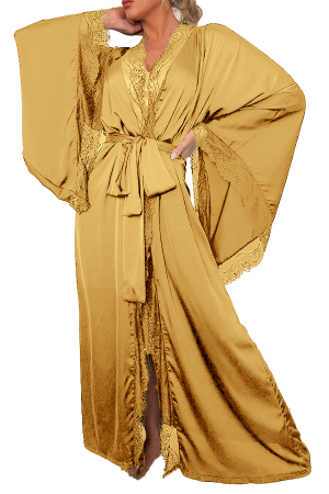 Pijamale - Set pijama sexy, halat din satin fin cu insertii dantela, cordon si chiloti tanga TY-015bej