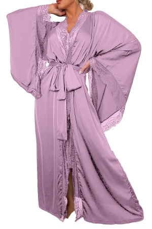 Pijamale - Set pijama sexy, halat din satin fin cu insertii dantela, cordon si chiloti tanga TY-015mov