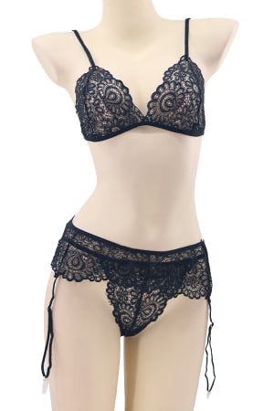 Lenjerie erotică - Set lenjerie sexy cu dantela, sutien, portjartier si chiloti tanga TY-LX61negru