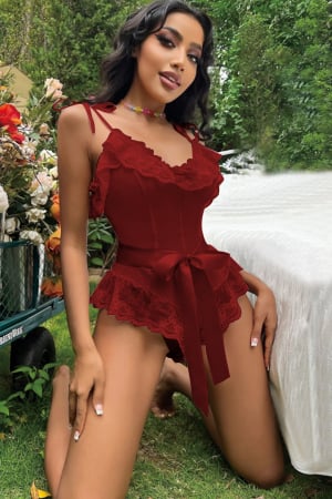 Lenjerie erotică - Set sexy, body semitransparent cu dantela, cordon si chiloti tanga TY-L101visiniu