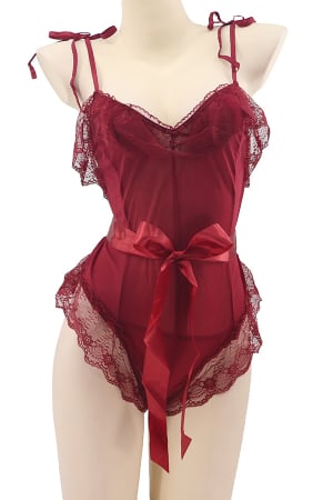 Lenjerie erotică - Set sexy, body semitransparent cu dantela, cordon si chiloti tanga TY-L101visiniu